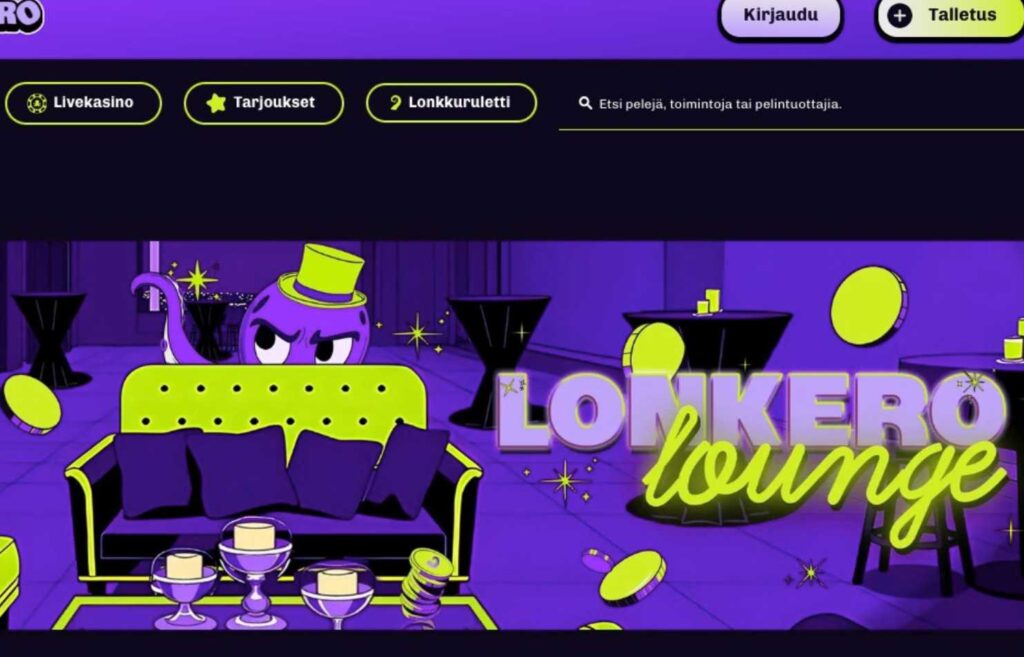 Kuvassa Lonkero kasinon Lonkero Lounge teksti, sohva, pöytä, mustekala