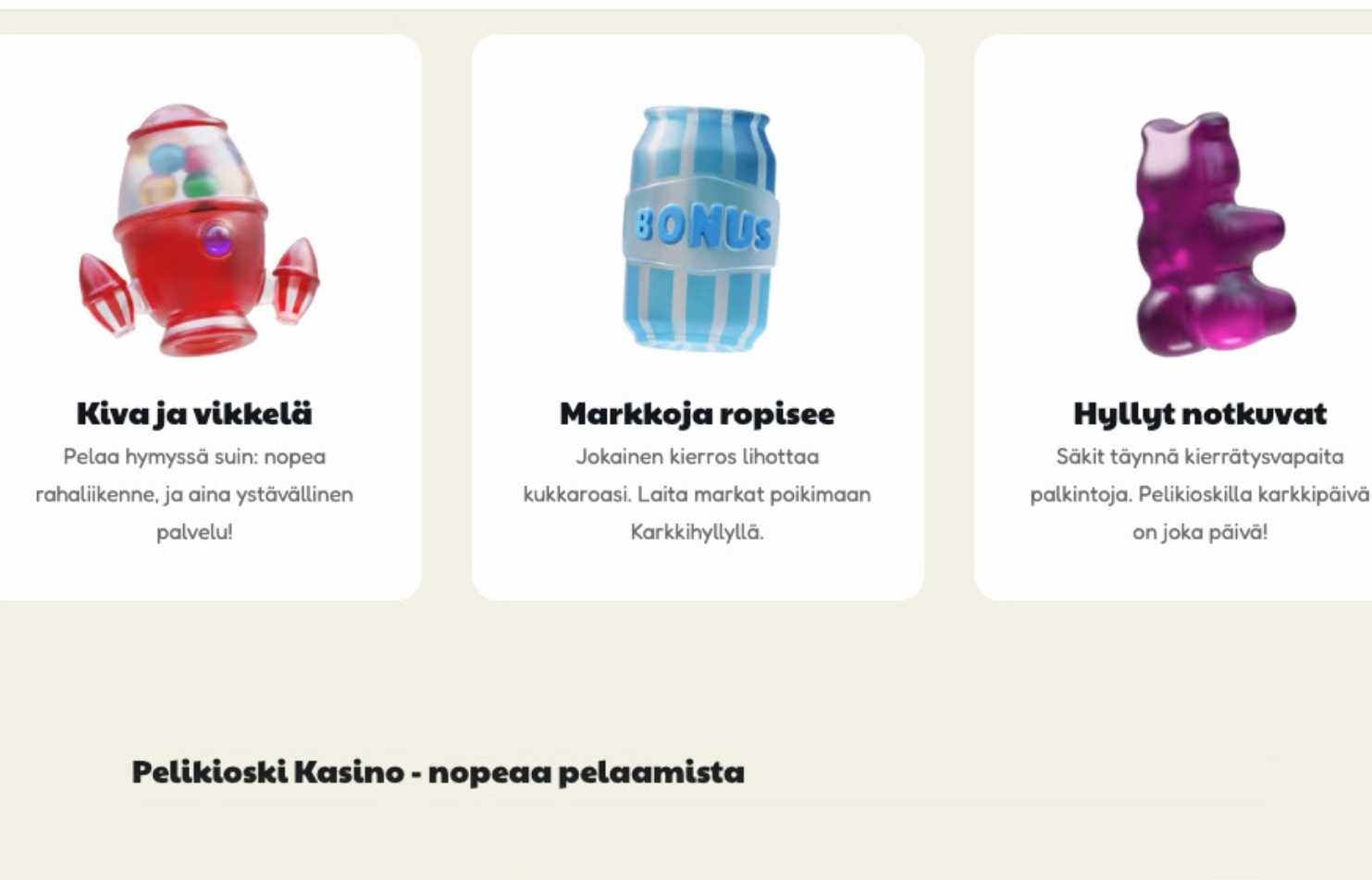 Kuvassa Pelikioski kasinon sivu joka muistuttaa kioskin tarjontaa nallekarkki, juomatölkki, ja karkkiautomaatti