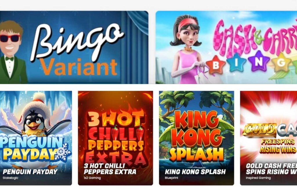 Kuvassa tietokoneen näytöltä ykistyiskohdat eri näköisistä rahapelien kansikuvista. Kuvassa Bingo Variant, Cash and Carry Bingo, Penguin Payday, 3 Hot chilli peppers extra, King Kong splash ja Gold cash pelit