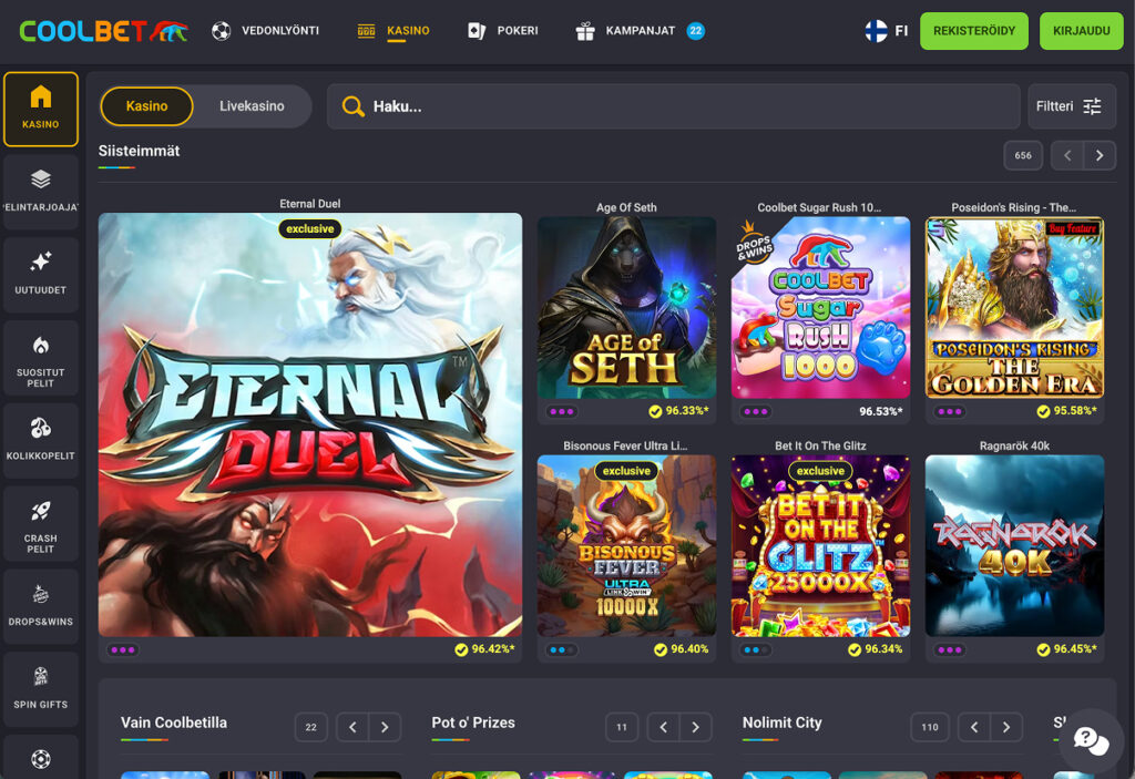 Coolbetin kasinosivu, jossa etusivulla näkyy yksinoikeusspeli Eternal Duel sekä muita pelejä kuten Age of Seth, Coolbet Sugar Rush 1000 ja Poseidon's Rising. Vasemmassa reunassa kategoriat kuten kolikkopelit, crash-pelit ja Drops&Wins.
