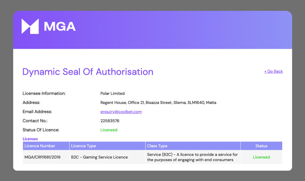 MGA:n (Malta Gaming Authority) dynaaminen auktorisointitodistus Polar Limitedille, lisenssitunnus MGA/CRP/681/2019, status: Licensed. Osoite Sliema, Malta.
