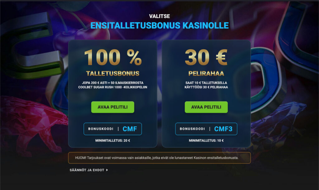 Coolbetin kasinon ensitalletusbonustarjoukset: 100 % talletusbonus jopa 200 € + 50 ilmaiskierrosta bonuskoodilla CMF (min. talletus 20 €), tai 30 € pelirahaa 10 € talletuksella bonuskoodilla CMF3.
