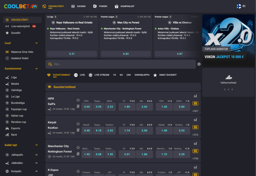 Coolbetin vedonlyöntisivu, jossa näkyy suosittuja kohteita kuten HIFK–SaiPa, Kärpät–KooKoo ja Manchester City–Nottingham Forest kertoimineen. Vasemmassa reunassa lajivalikoima ja yläosassa La Liga-, Premier League -otteluita.
