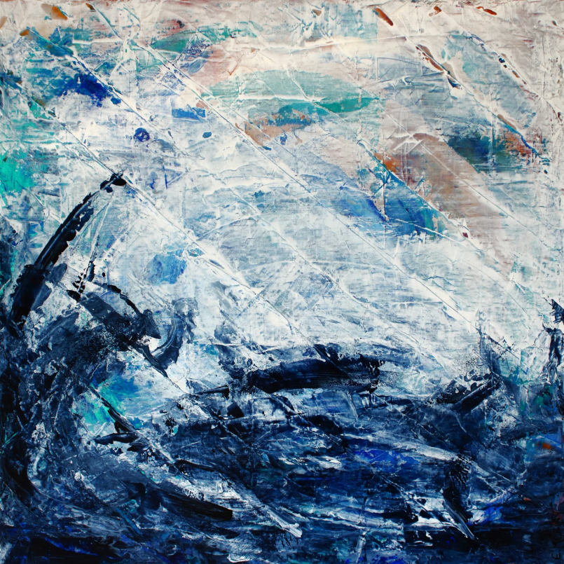 Taiteilija Ellen Merinyn abstrakti maalaus “Don’t give up, you’re almost there”- Sinisiä alloilta näyttäviä muotoja ja vaalea yläosa missä punaisia vivahteita.