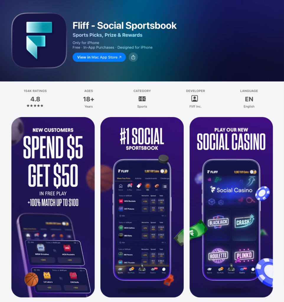 Kuva näyttää Fliff sovelluksen App storessa. Uudet pelaajat saavat useiden kymmenien dollarien tervetulaiistarjouksen. Ikäraja 18+. 4,8 tähden arvio 154 000 arvioijalta. Fliff kertoo olevansa sosiaalinen kasino.