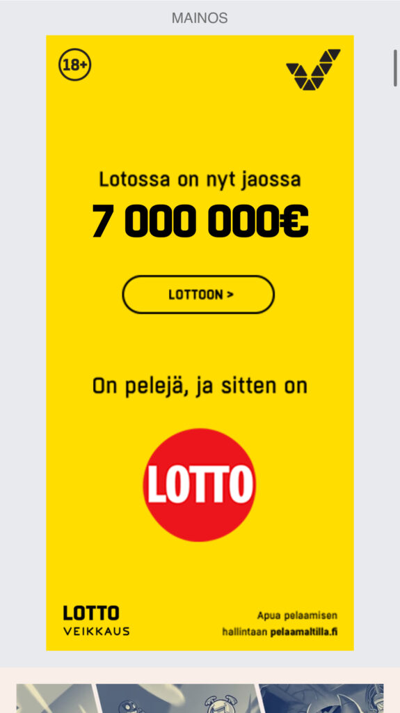 Lottomainos mainostaa seitsemän miljoonan euron pottia Helsingin Sanomissa.