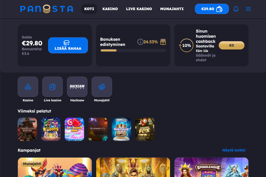 Rahapelisanomat testaajalla 30 euron saldo Panosta-kasinolla. Aulassa näkyy nettikasinoilla suosittuja pelejä kuten Reactoonz, Sweet Bonanza 1000 ja Dead or Alive 3. Kuvasta näkyy että kasinolla on bonuskierrätys.