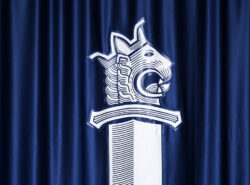 Poliisihallituksen logo verhoissa.
