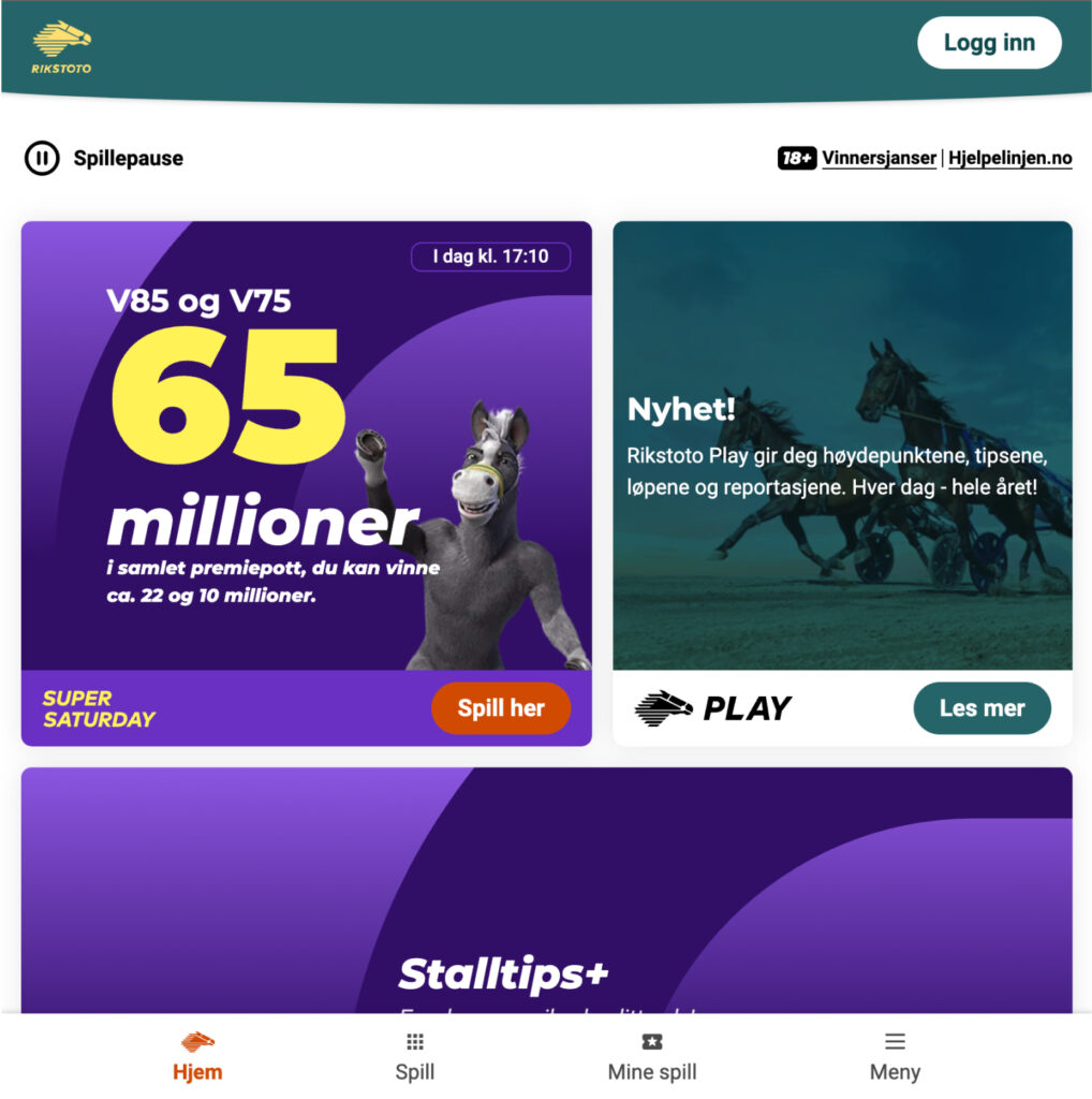 Kuvakaappaus Norsk Rikstoton vedonlyöntisivuston etusivusta, jossa mainostetaan V85- ja V75-hevospelejä sekä noin 65 miljoonan kruunun palkintopottia.