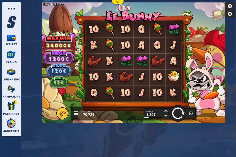 Rahapelisanomat testaajalla on 71 euron saldo Spiidi-nettikasinon Le Bunny pelissä.