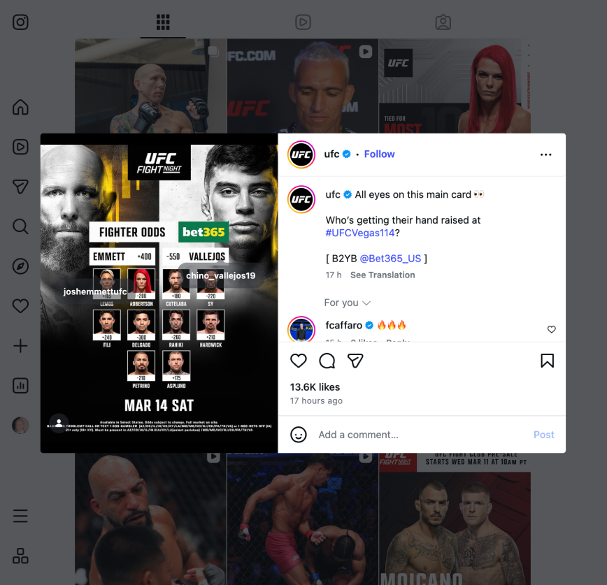 UFC:n virallisessa Instagram-julkaisussa mainostetaan bet365:n kertoimia Emmett vs. Vallejos -otteluun.