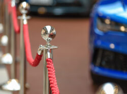 Punainen köysi ja sininen urheiluauto viittaavat VIP-elämään.