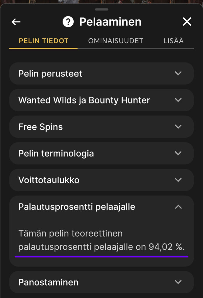 Kuvankaappaus Veikkauksen nettikasinolta näyttää että kyseisen Dead or Alive 3: Wanted pelin palautusprosentti on 94,02%.