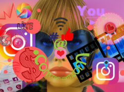 Naisen kasvojen edessä digitaalisia logoja ja symboleita, kuten Instagram-logo, wifi symboli ja 👍.