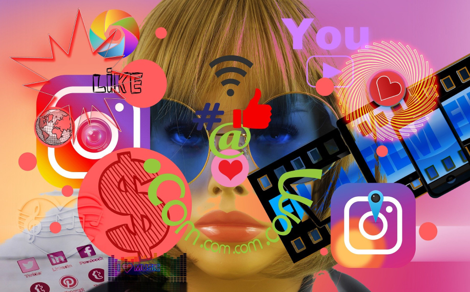 Naisen kasvojen edessä digitaalisia logoja ja symboleita, kuten Instagram-logo, wifi symboli ja 👍.