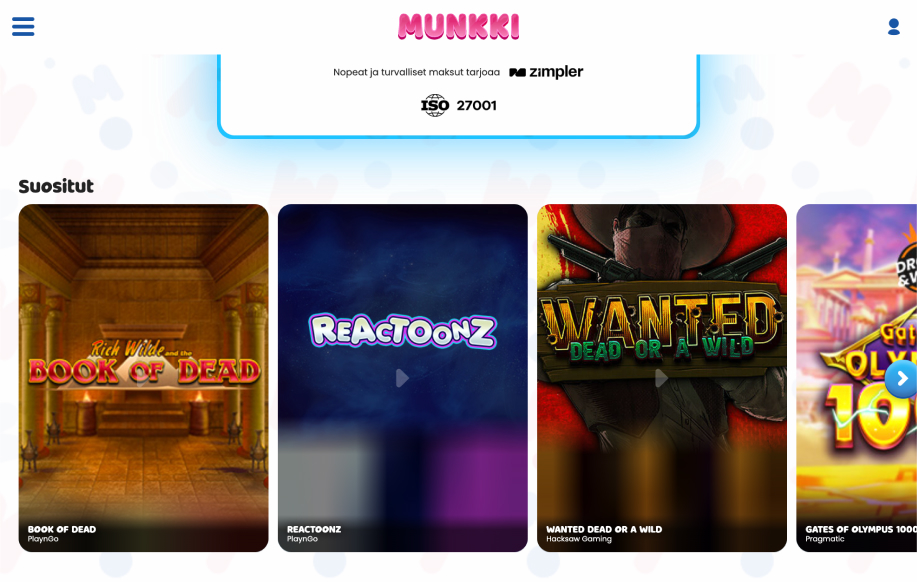 Munkkikasinon peliaula, missä näkyy suomessa suosittuja nettikasinopelejä kuten Reactoonz ja Book of Dead. Kuvasta näkee että Munkkikasino on Zimpler Pay N Play kasino.