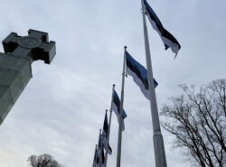 Viron lippuja liehuu Tallinnan Vabaduse Väljakilla muistomerkin vieressä.