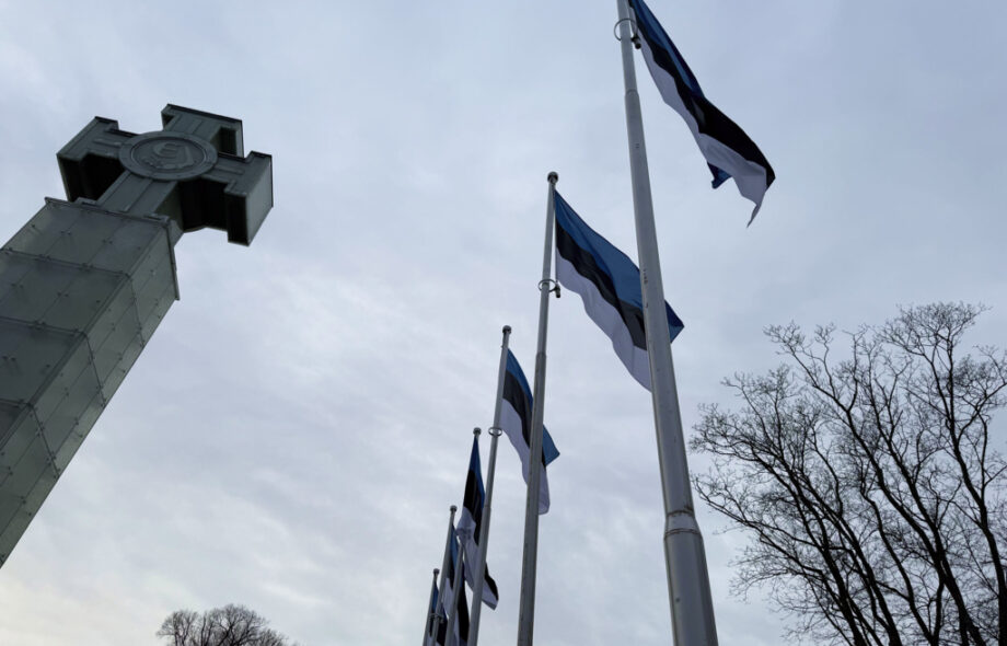 Viron lippuja liehuu Tallinnan Vabaduse Väljakilla muistomerkin vieressä.