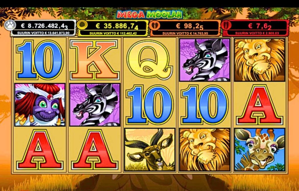 Kuva Mega Moolah pelin näyttökuvasta tietokneen näytöltä, kuvassa villieläimiä, kirjaimia ja numeroita rivissä