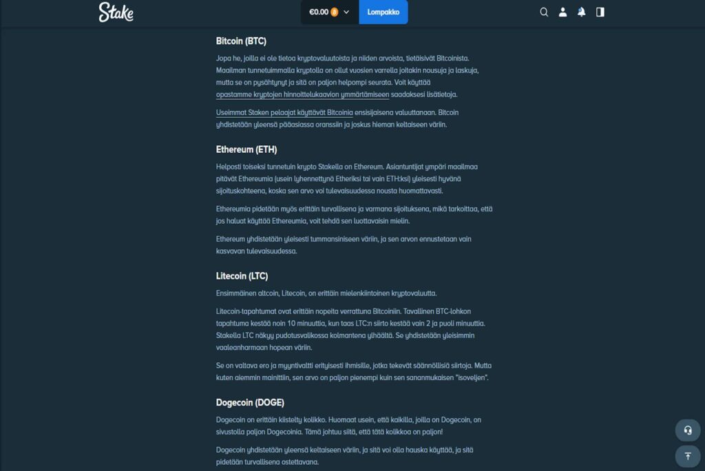 Stake vedonlyöntisivuston kryptovaluutta talletustavoista Bitcoin, Ethereum, Litecoin ja Dogecoin listattuna.