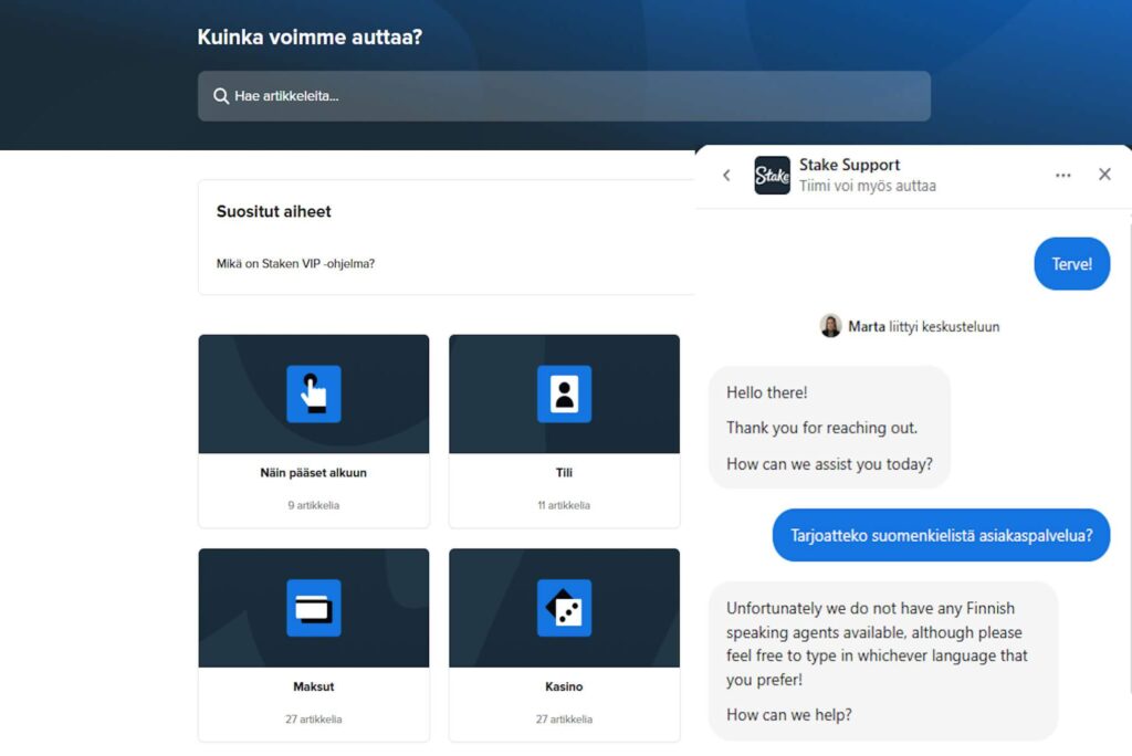 Stake asiakaspalvelu. Kuvattuna yleinen ohjekeskus sekä live chat keskustelu.