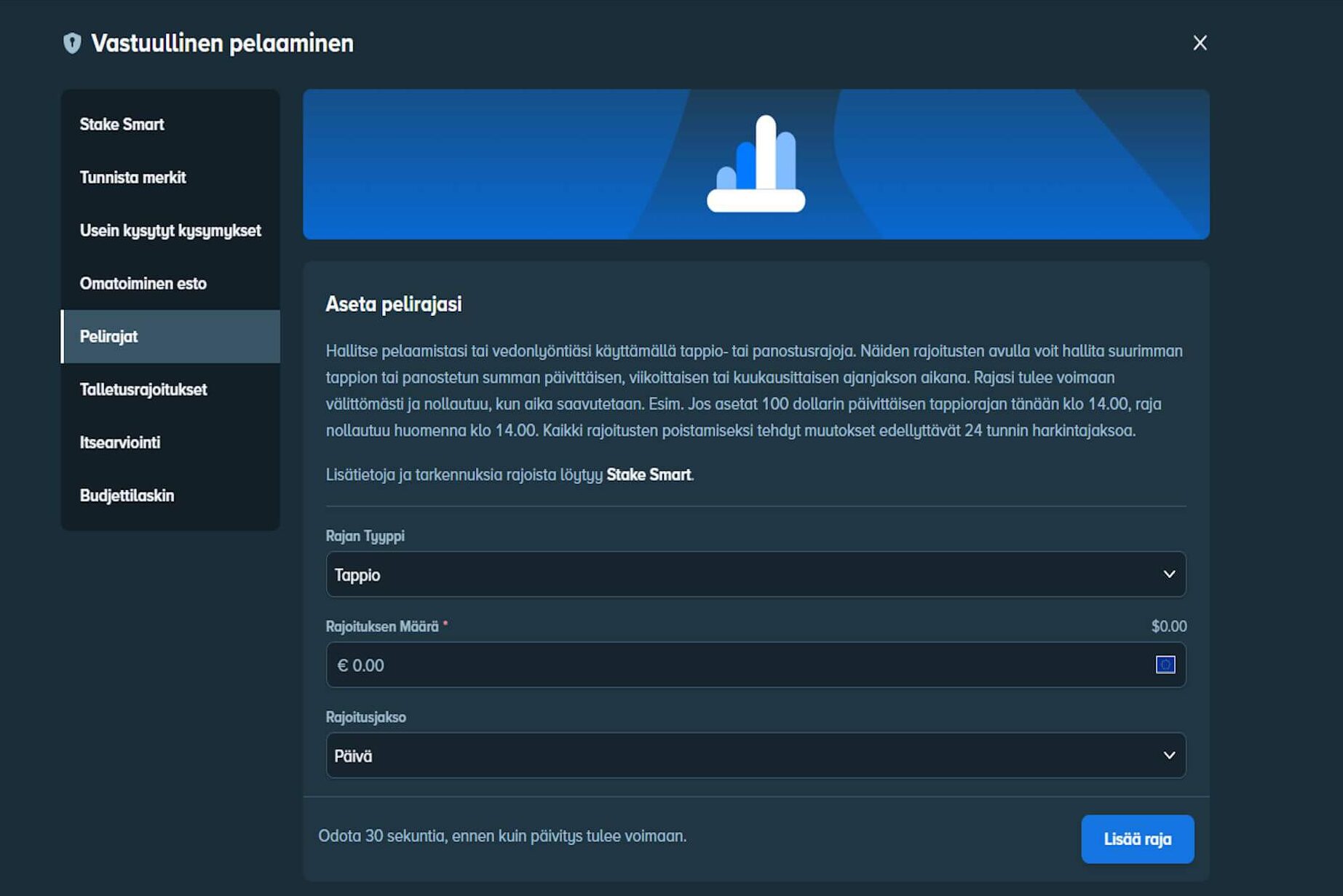 Stake sivuston vastuullisen pelaamisen osio kuvattuna. Kuvassa opas miten asettaa pelirajat.