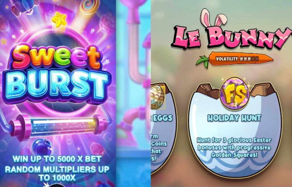 Kuvassa näkyy näyttökuva-yksityiskohdat kahdesta uudesta rahapelistä 2026 vuodelta Sweet Burst -rahapelin aloitusnäkymästä ja Le Bunny -pelin aloituksesta.