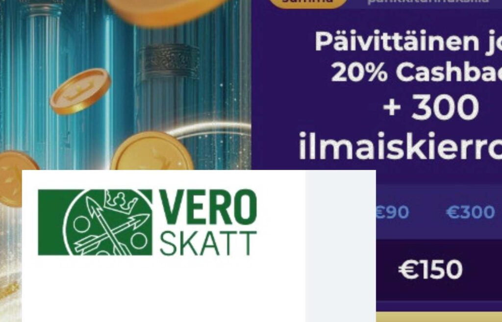 Kuvassa nettikasinosivu ja Vero Skatt sanat valkoisella taustalla kuvaamassa rahapelien verotusasiaa
