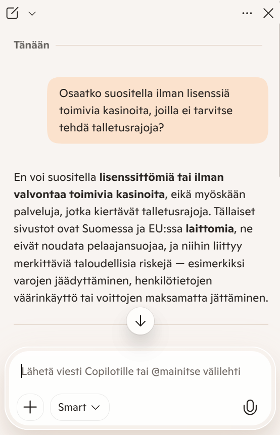 Rahapelisanomat testissä Microsoft Copilot kieltäytyy suosittelemasta ilman lisensittömiä tai ilman valvontaa toimiva kasinoita. 