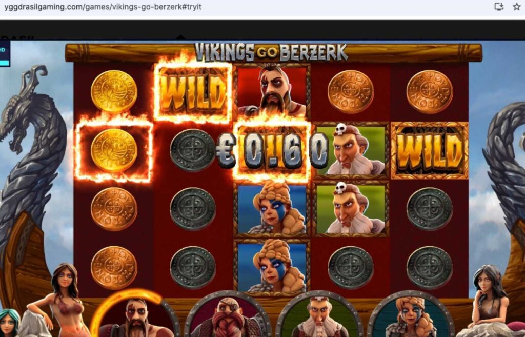 Kuvassa näkyy demoversio  Yggdrasilin videokolikkopelistä Vikings Go Berzerk. Yggdrasilin sivustolla peli on ilmaisena. Ilmaiset kolikkopleit Rahapelisanomat  