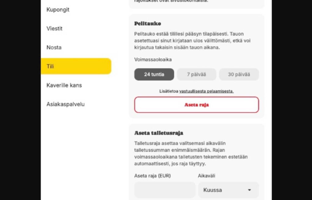Kuvassa kasinon pelitauon ja talletusrajan asettamisnäkymä. Kasinosivustojen estäminen Rahapelisanomat