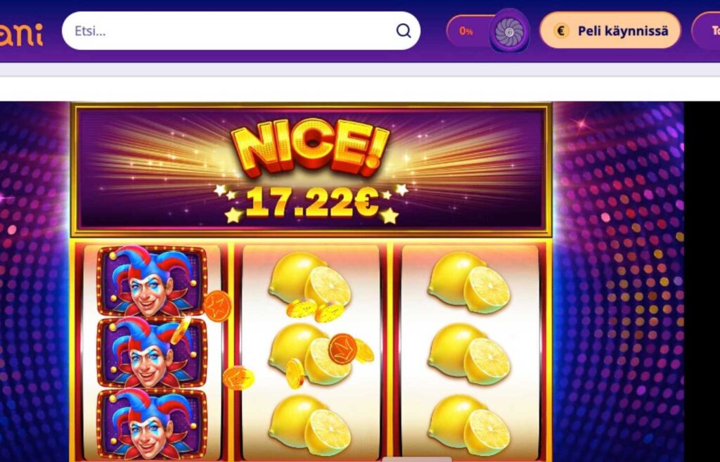 Kuvassa näkyy Super Joker hedelmäpelin näkymä ja voitto 17,22 euroa. Kolikkopelien tyypit Rahapelisanomat