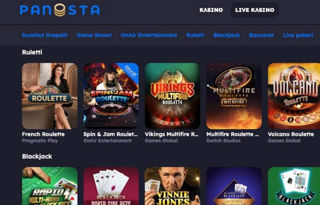 Kuvassa näkyy Panosta nettikasinon live kasino näkymä. Live casino Rahapelisanomat