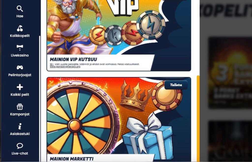 Kuvassa on Mainio kasinon  marketti ja VIP osaston esittely. Mainio bonukset
