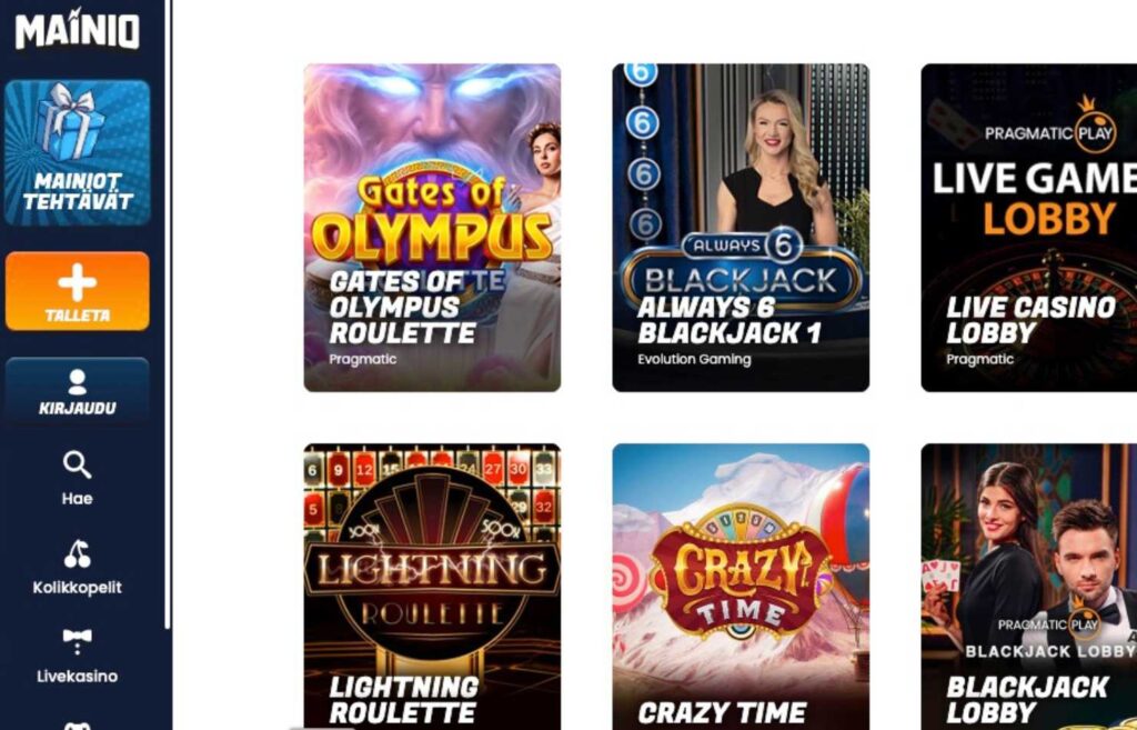 Kuvassa näkyy Mainio kasinon Live kasinon etusivu, jossa on muiden muassa Gates of Olympus ruletti, Always 6 Blackjack, Live casino lobby,. Mainio kasino kokemuksia