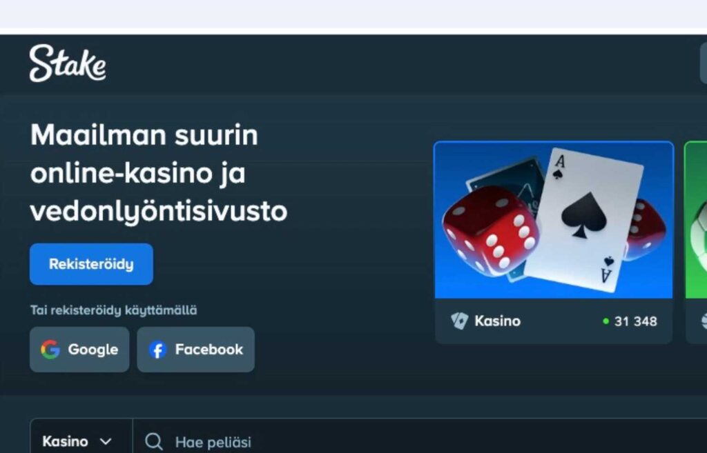 Kuvassa näkyy Stake kasinon etusivun yksityiskohta. Stake sanoo tekstissä olevansa maailman suurin online-kasino ja vedonlyöntisivusto. Kuvassa näkyy myös noppia ja pelikortti. 
