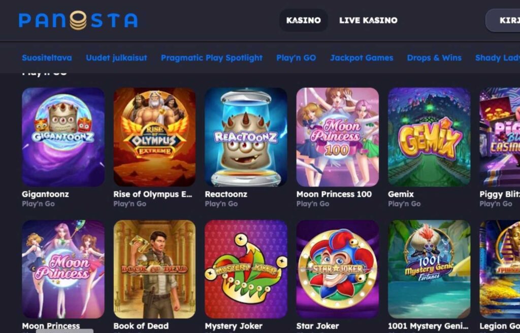 Kuvassa näkyy Panosta kasinon suosittuja kolikkopelejä kuten Moon Princess 100, Reactoonz, Book of Dead. Mita kolikkopelit ovat - Rahapelisanomat