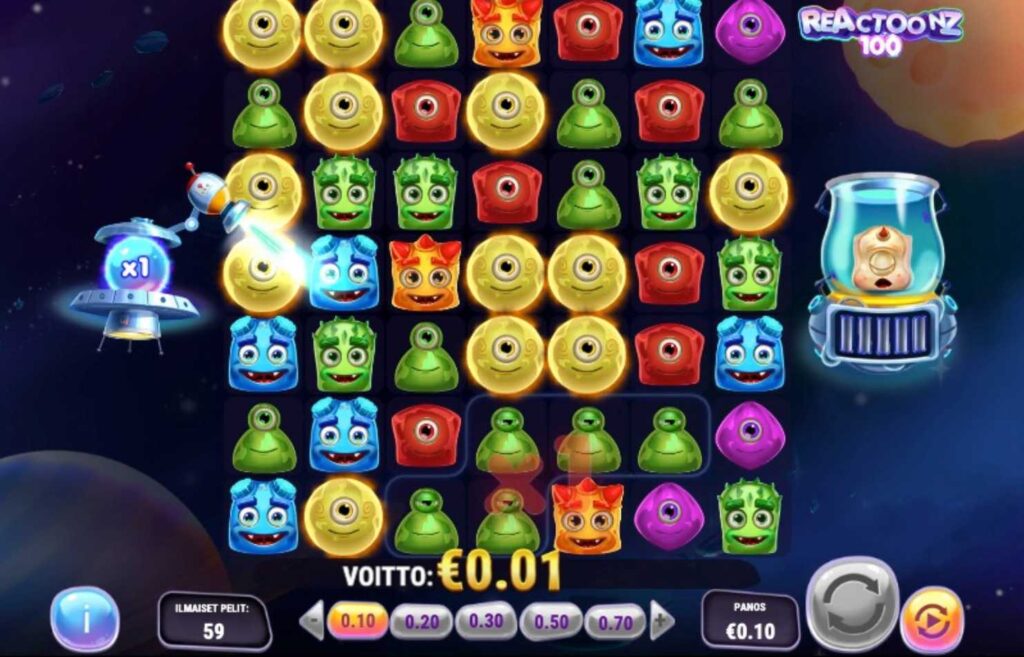 Kuvassa Reactoonz 100 pelin ilmaiskierrokset meneillään, taustalla järjestelmä joka määrittää lopputuloksen. Miten kolikkopelit toimivat Rahapelisanomat 