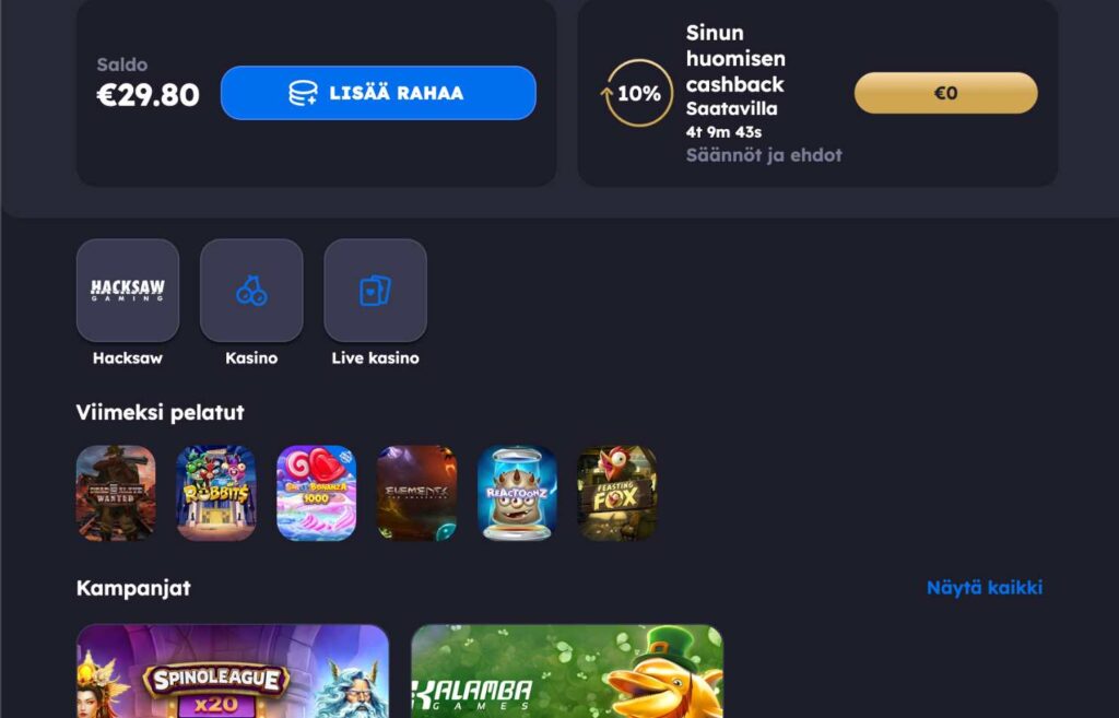 Kuvassa näkyy Panosta kasinon pelitili, jossa näkyvät bonuspalautukset ja kampanjat Kalamba Kash Drops ja Spinomenal Sinoleague. Panosta Bonukset Rahapelisanomat