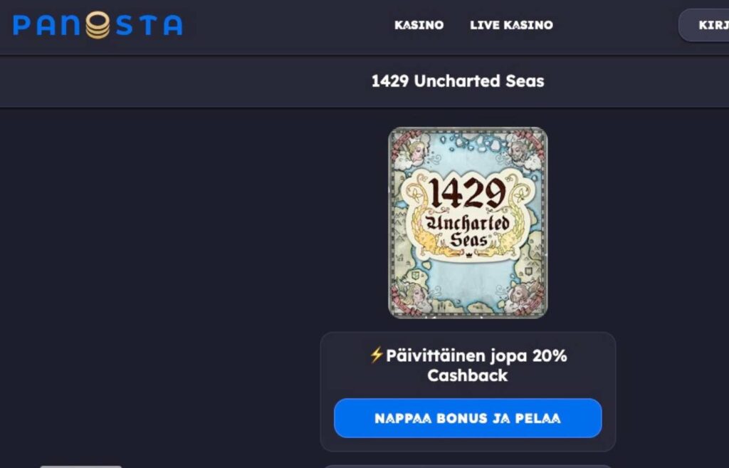 Kuvassa näkyy Panosta kasinon yksi parhaan palautuksen pelejä eli 1429 Uncharted Seas. Panosta kasino kokemuksia Rahapelisanomat 