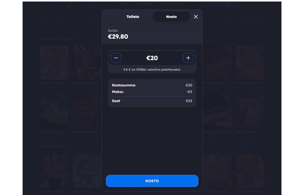 Panosta kasinon sivun nosto näkymä. Siinä näkyy viiden euron nostokulu, 20 euroa oli aiottu nostaa, josta lähti 5 euroa kuluina. Panosta kasino kotiutus Rahapelisanomat 