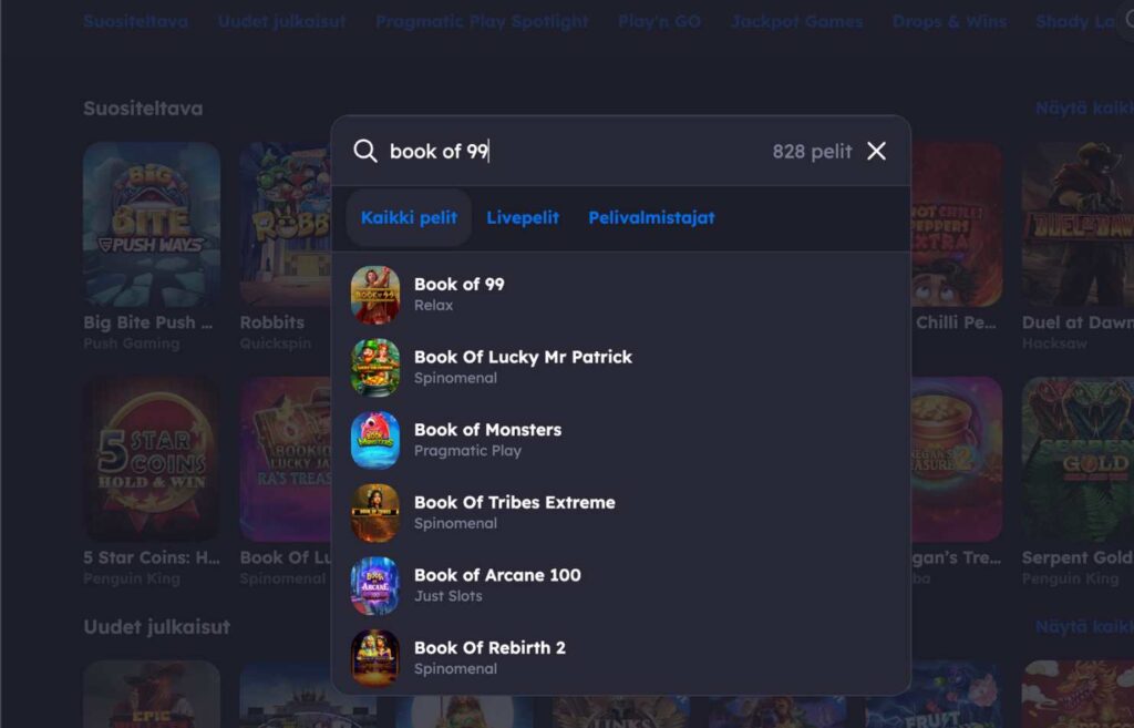 Kuva pelivalinnasta Panosta kasinolla. Rahapelisanomien testissä yksi parhaan palautusprosentin peleistä Book of 99. Panosta kasino palautusprosentti Rahapelisanomat   