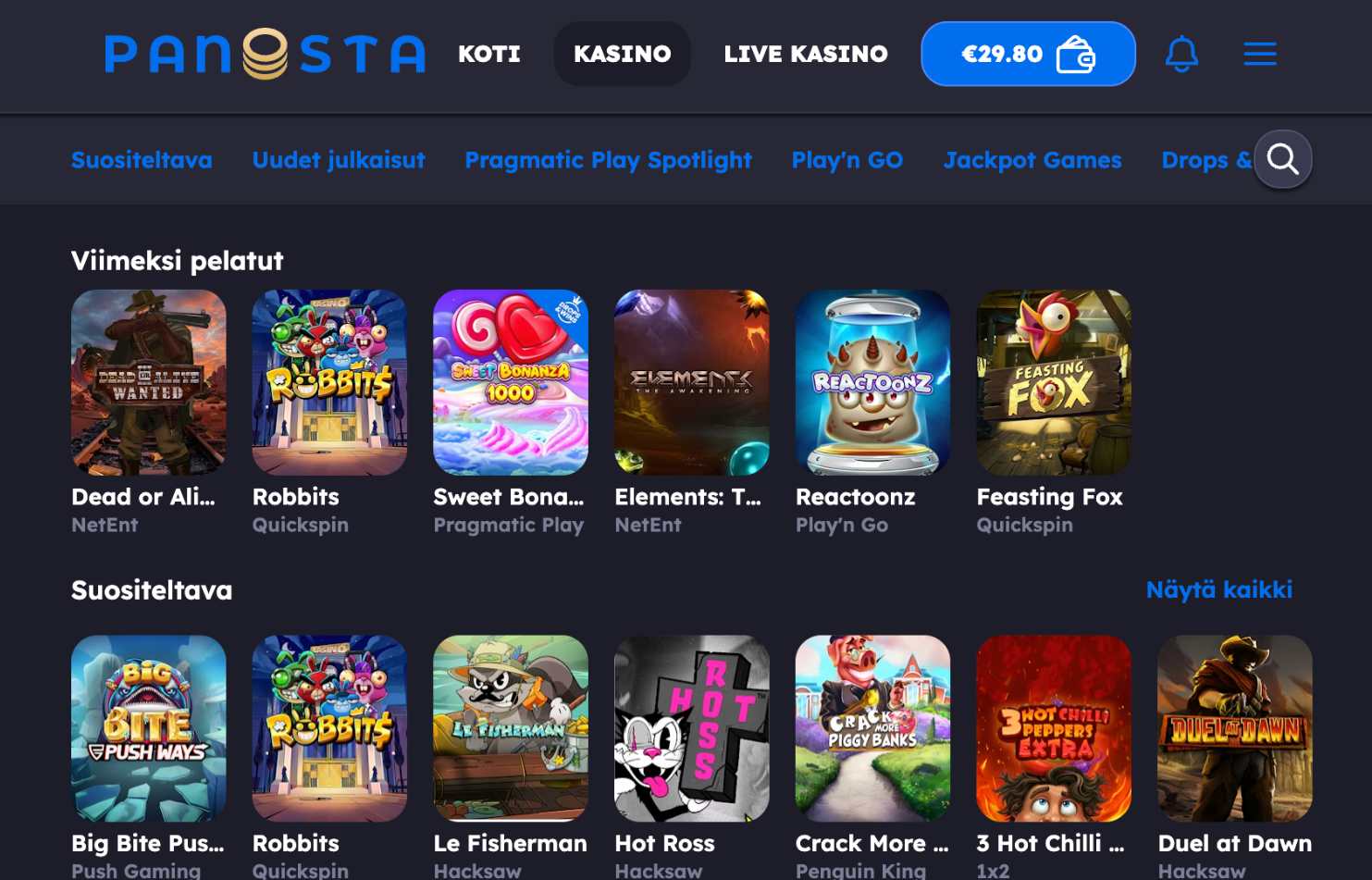 Kuvassa on Panosta kasinon pelitarjontaa ja Rahapelisanomien joitain suosikkipelejä kuten Sweet Bonanza, Robbits, Dead or Alive, Reactoonz.