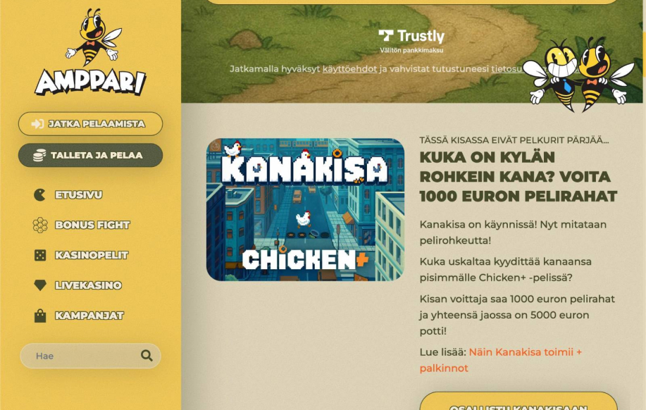 Amppari nettikasino, näkymä etusivun bonuspeliin