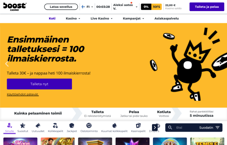 Rahapelisanomat-testaaja on kirjautunut testaamaan kasinoa. Boost Casinon etusivu näyttää, että nettikasino tarjoaa 100 ilmaiskierrosta; se kertoo myös, miten pikapelaaminen toimii ilman rekisteröitymistä, ja näytöllä on kasinon pelivalikko.