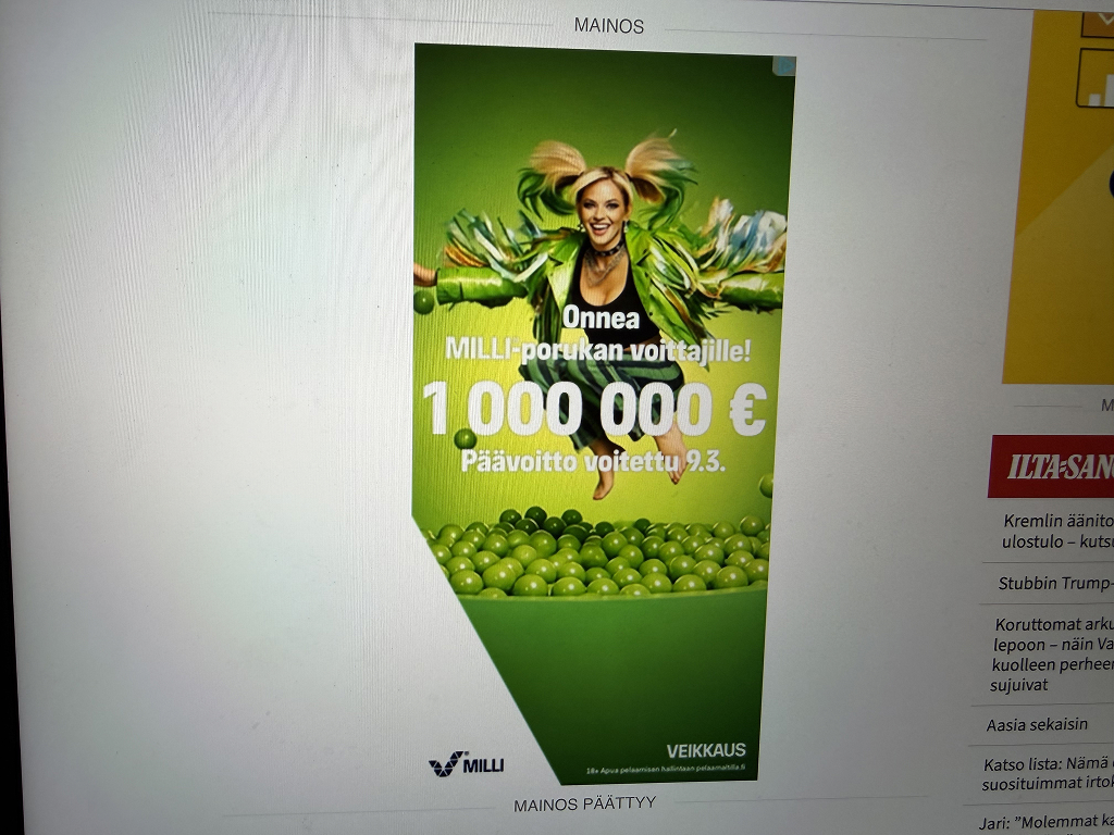 Veikkaus mainostaa Helsingin Sanomissa Milli-pelin edellistä voittoa maaliskuussa 2026.