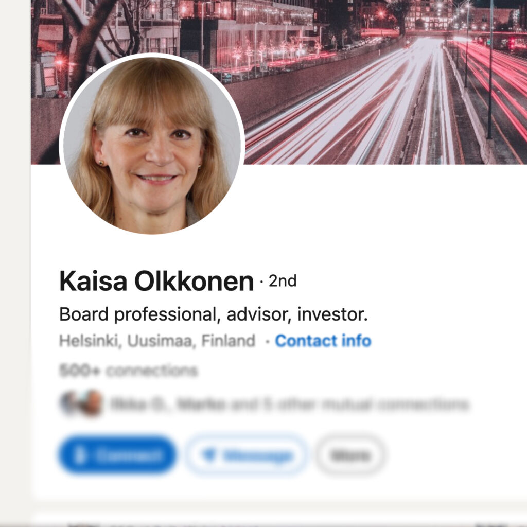 Kuvankaappaus Kaisa Olkkosen Linkedin profiilista.