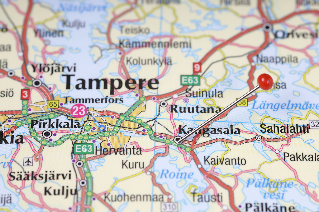 Pirkanmaan alueen karttaan Kangasala merkattuna nuppineulalla.