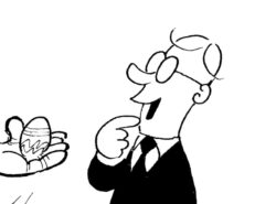 Poliitikolta näyttävä ilahtunut mies jolle käsi ojentaa pääsiäismunia.