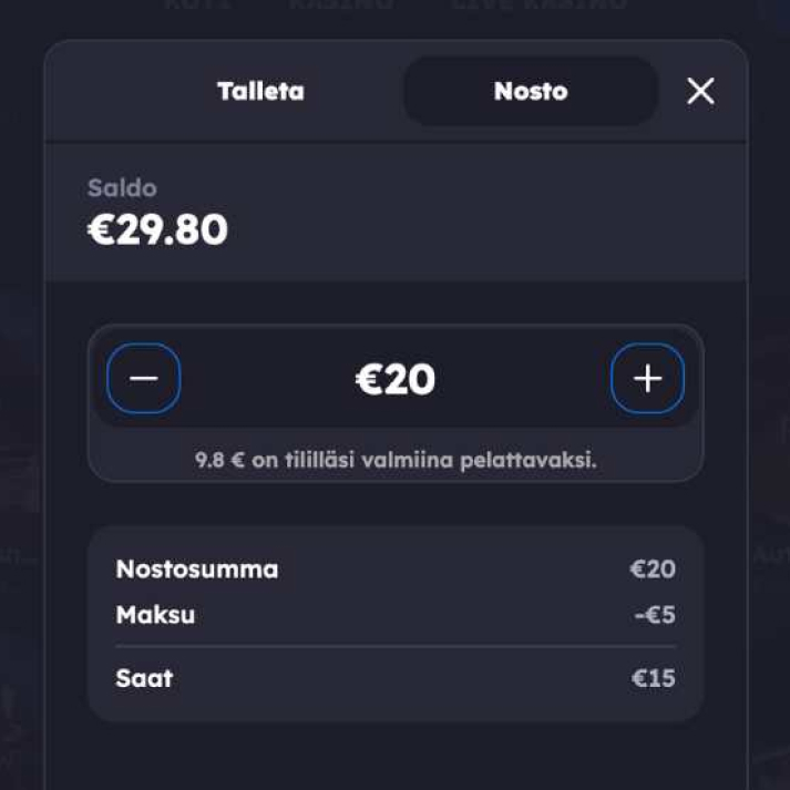Panosta-nettikasino näyttää 5 € maksun siitä että pelaaja saa nostettua 20 €!